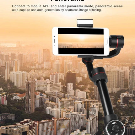 AFI Gimbal Stabilizer for Steady Smartphone Videos on Trips capturing panoramic city skyline with smartphone mounted