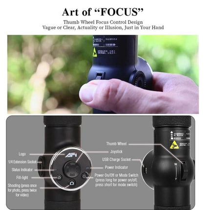 AFI Gimbal Stabilizer for Steady Smartphone Videos on Trips showing thumb wheel focus control and labeled joystick, power and USB ports