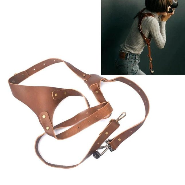 Adjustable Anti-Slip Leather Shoulder Harness for DSLR Cameras - brown leather hands-free camera strap for travel and outdoor photography