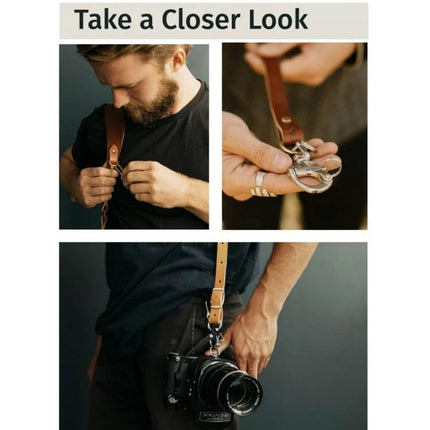 Adjustable Anti-Slip Leather Shoulder Harness for DSLR Cameras shown worn by photographer with camera attached for hands-free shooting
