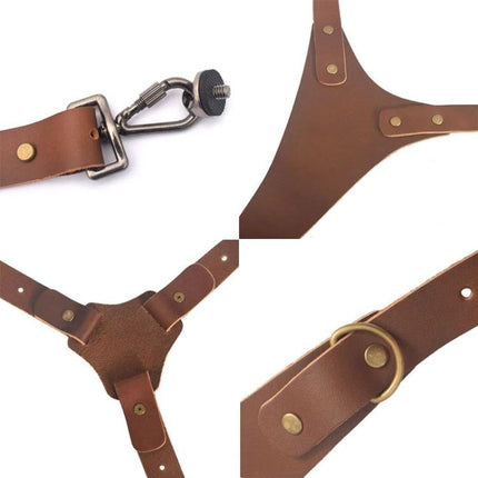 Adjustable Anti-Slip Leather Shoulder Harness for DSLR Cameras showing brown leather straps, metal swivel clip, rivets and D-ring for secure hands-free carry