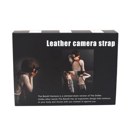 Adjustable Anti-Slip Leather Shoulder Harness for DSLR Cameras shown packaged box with model demonstrating hands-free camera carry