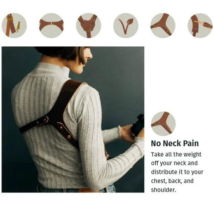 Adjustable Anti-Slip Leather Shoulder Harness for DSLR Cameras worn by photographer, brown leather straps distributing weight to chest and back