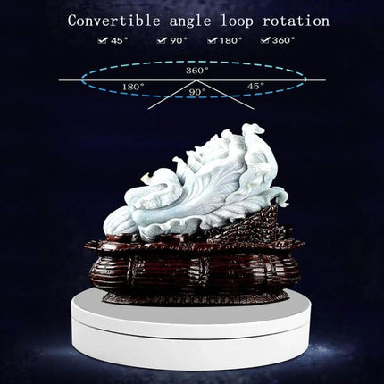 Compact 360 Degree Rotating Display Turntable for Photography and Video showing white rotating base with decorative sculpture and angle diagram