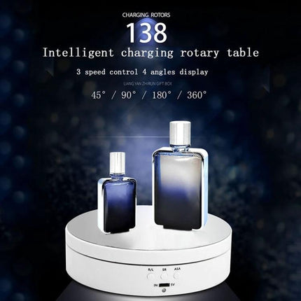 Compact 360 Degree Rotating Display Turntable for Photography and Video on white ABS 138x35mm platform showing perfume bottles, smooth 360° rotation for product shots