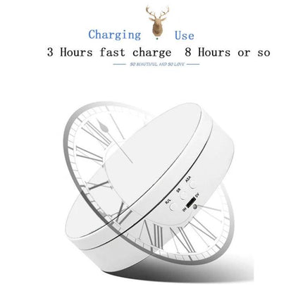Compact 360 Degree Rotating Display Turntable for Photography and Video - compact white 138x35mm ABS rotating display with charging ports and 3hr fast charge info