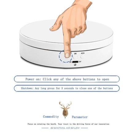 Compact 360 Degree Rotating Display Turntable for Photography and Video - white ABS turntable with fingertip on power button, 138x35mm, stable rotating platform