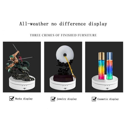 Compact 360 Degree Rotating Display Turntable for Photography and Video showing works, jewelry, and cosmetic displays on a compact 138x35mm white rotating platform