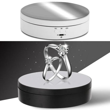 Compact Rotating Turntable for Product Photography Displays showcasing jewelry on a rotating ABS platform for 360-degree product images