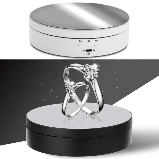 Compact Rotating Turntable for Product Photography Displays showcasing jewelry on a rotating ABS platform for 360-degree product images