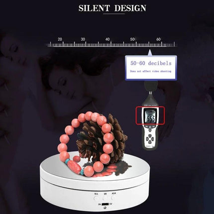 Compact Rotating Turntable for Product Photography Displays on white ABS turntable showing silent design 50–60 decibels with jewelry and pinecone