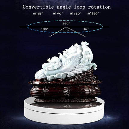 Compact Rotating Turntable for Product Photography Displays showing 360° convertible angle loop rotation with jewelry on ABS rotating platform
