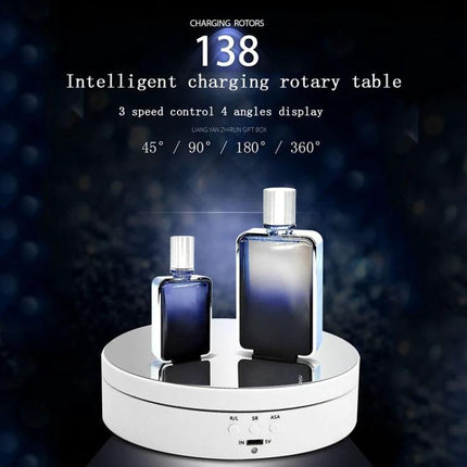 Compact Rotating Turntable for Product Photography Displays showing two perfume bottles on a white ABS rotating platform with 3-speed and angle options