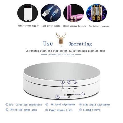 Compact Rotating Turntable for Product Photography Displays showing white ABS 360° rotating platform with USB power, speed and angle controls