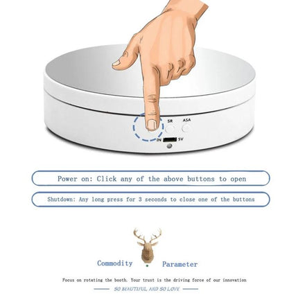 Compact Rotating Turntable for Product Photography Displays showing a finger pressing control button on white ABS rotating display