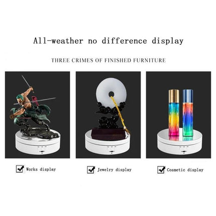 Compact Rotating Turntable for Product Photography Displays showing three use examples: figurine, jewelry, and cosmetic display on white rotating platform
