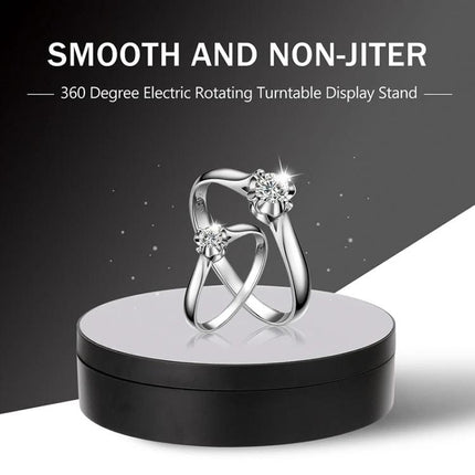 Compact Rotating Turntable for Product Photography Displays - ABS 360° electric turntable showcasing rings and jewelry for smooth, steady rotation