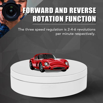 Compact Rotating Turntable for Product Photography Displays - white ABS turntable shown rotating a model car with forward/reverse and 3-speed (2-4-6 RPM)