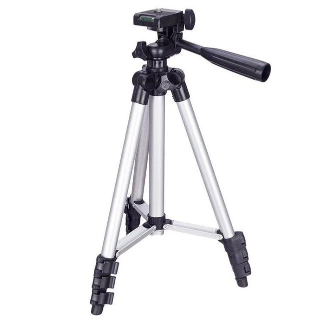 Aluminum Alloy Tripod for DSLR and Digital Cameras with Adjustable Height shown in silver with pan handle and locking leg clamps