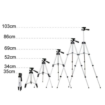 Aluminum Alloy Tripod for DSLR and Digital Cameras with Adjustable Height showing multiple height settings from 35cm to 103cm