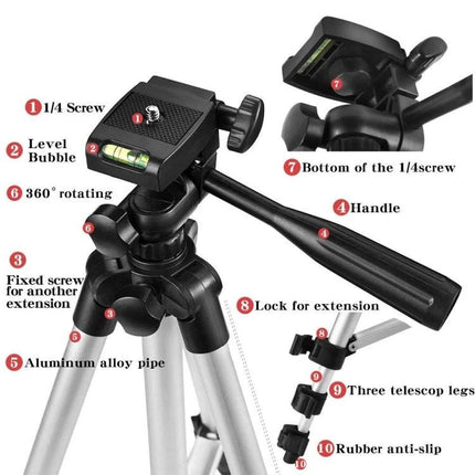 Aluminum Alloy Tripod for DSLR and Digital Cameras with Adjustable Height - labeled parts, handle and 360° head