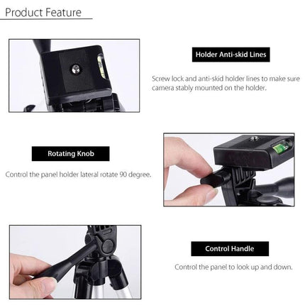 Aluminum Alloy Tripod for DSLR and Digital Cameras with Adjustable Height showing anti-skid holder, rotating knob and control handle