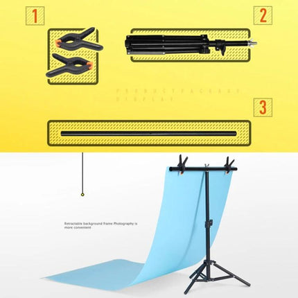T-Shape Adjustable Photo Background Support Stand for Studios with clamps, crossbar and tripod holding blue backdrop