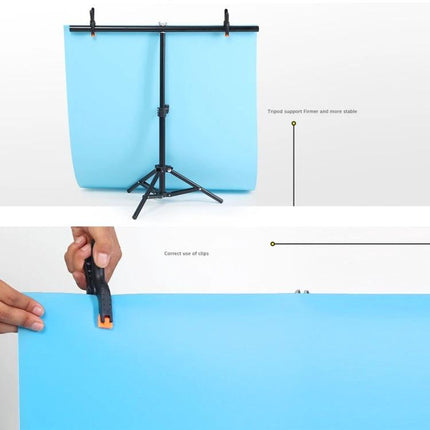 T-Shape Adjustable Photo Background Support Stand for Studios with metal tripod base and clips holding blue backdrop for studio portraits