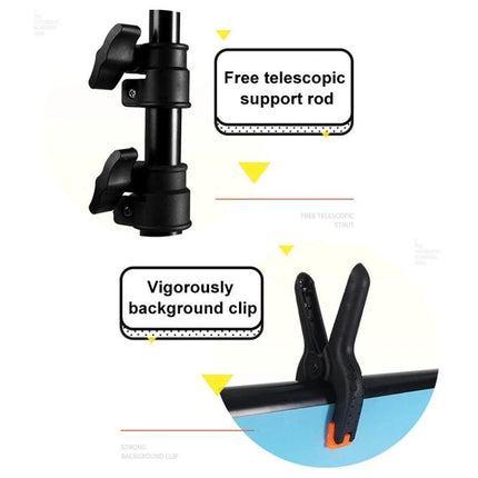 T-Shape Adjustable Photo Background Support Stand for Studios sturdy metal frame with telescopic support rod and background clip