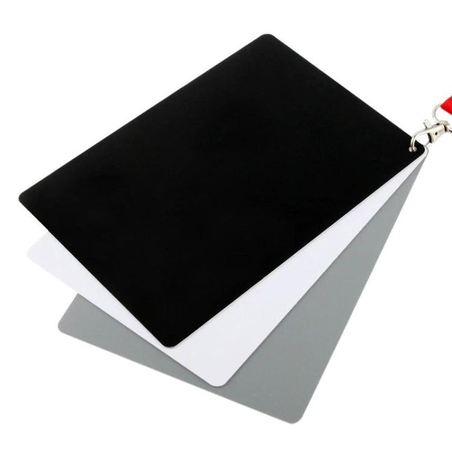 Digital Gray Card Set for Camera White Balance and Color Correction — gray, white, black reference cards for accurate exposure and color calibration
