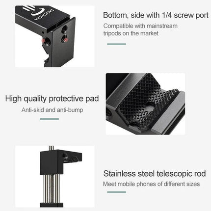 Yichuang Phone Holder for Everyday Video Calls and Photos showing 1/4 screw port, protective anti-skid pad, and stainless steel telescopic rod