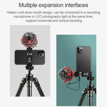 Yichuang Phone Holder for Everyday Video Calls and Photos showing phone mounted on tripod with external microphone attached
