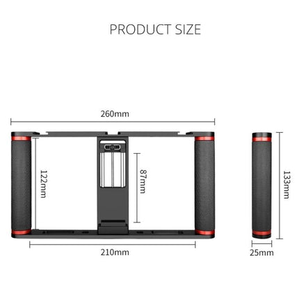 YELANGU Cage for Smartphone Video Recording on the Go showing product dimensions 260mm x 210mm x 25mm with dual grips and central phone mount