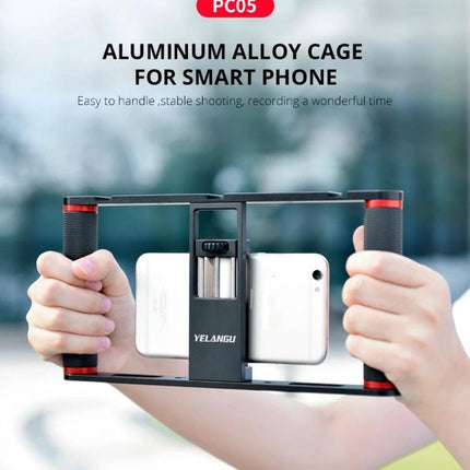 YELANGU Cage for Smartphone Video Recording on the Go held with dual handles showing aluminum alloy frame and phone mounted for stable vlogging