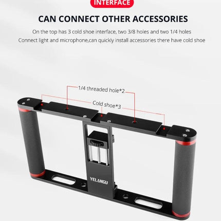 YELANGU Cage for Smartphone Video Recording on the Go lightweight dual-handle smartphone video cage with cold shoe and 1/4 threaded holes