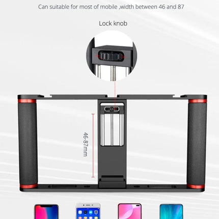 YELANGU Cage for Smartphone Video Recording on the Go adjustable phone clip with lock knob and dual handles for mobile widths 46–87mm