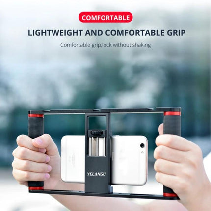 YELANGU Cage for Smartphone Video Recording on the Go - lightweight handheld frame with dual grips and tripod mount for stable vlogging footage