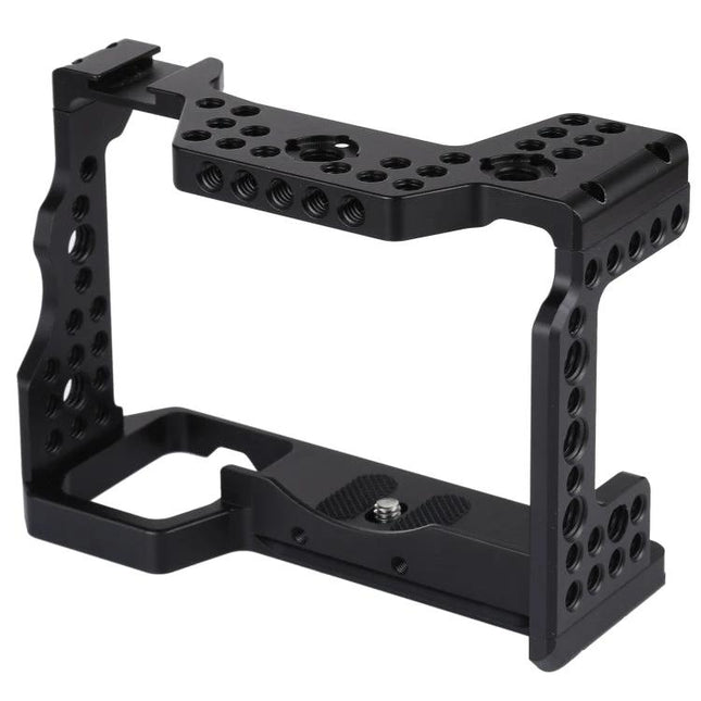 Camera Cage Stabilizer for Sony A7 III and A7R3 Cameras - black aluminum cage with multiple threaded mounting holes for lights, mics, handles