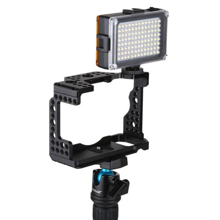 Camera Cage Stabilizer for Sony A7 III and A7R3 Cameras with LED light mounted, aluminum frame for improved grip and accessory mounting