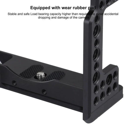Camera Cage Stabilizer for Sony A7 III and A7R3 Cameras showing black L-shaped aluminum cage with multiple accessory mounting holes and rubber pads