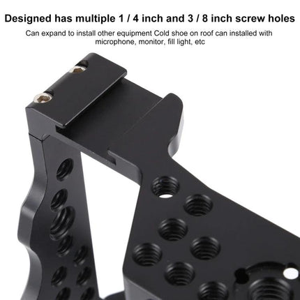 Camera Cage Stabilizer for Sony A7 III and A7R3 Cameras black aluminum cage with multiple 1/4 and 3/8 screw holes