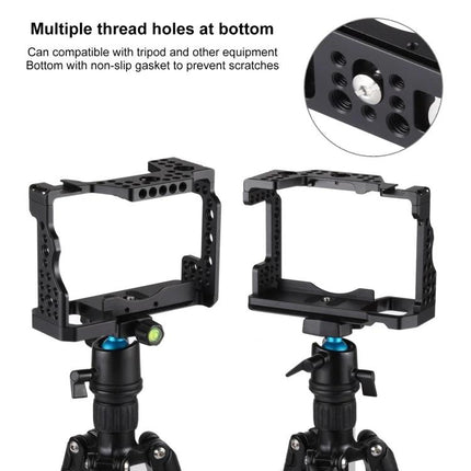 Camera Cage Stabilizer for Sony A7 III and A7R3 Cameras shown on tripod with multiple thread holes and non-slip base