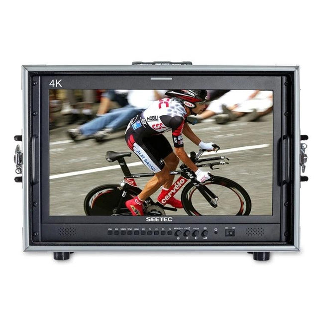 SEETEC 21.5-Inch IPS Field Monitor for Professional Video Work showing full HD cycling footage in protective case