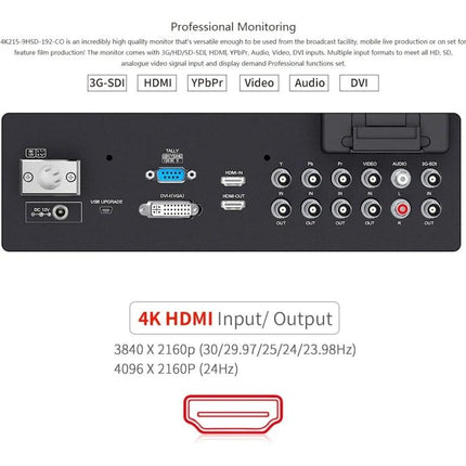 SEETEC 21.5-Inch IPS Field Monitor for Professional Video Work rear input panel showing HDMI, 3G-SDI, DVI, audio and video ports