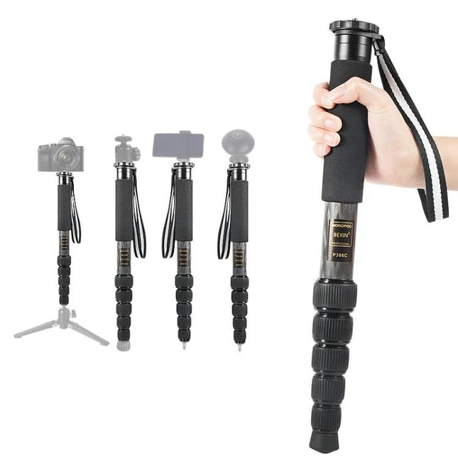 BEXIN Carbon Fiber Monopod for Portable Outdoor Photography shown handheld and extended for camera and smartphone stabilization