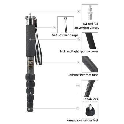 BEXIN Carbon Fiber Monopod for Portable Outdoor Photography - lightweight carbon fiber monopod with foam grip, knob locks, removable rubber foot and conversion screws