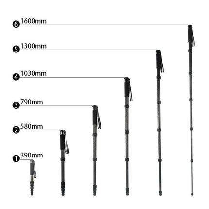 BEXIN Carbon Fiber Monopod for Portable Outdoor Photography shown at six adjustable heights from 390mm to 1600mm