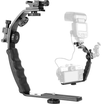 L-Shaped Aluminum Camera Bracket for Flashes and Microphones mounted with flash and microphone on camera rig