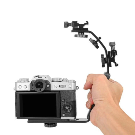 L-Shaped Aluminum Camera Bracket for Flashes and Microphones mounted on mirrorless camera with hand-held grip and accessory arm