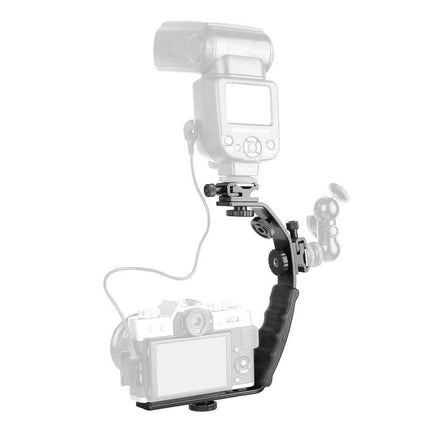 L-Shaped Aluminum Camera Bracket for Flashes and Microphones mounted on camera rig with flash and microphone attachments